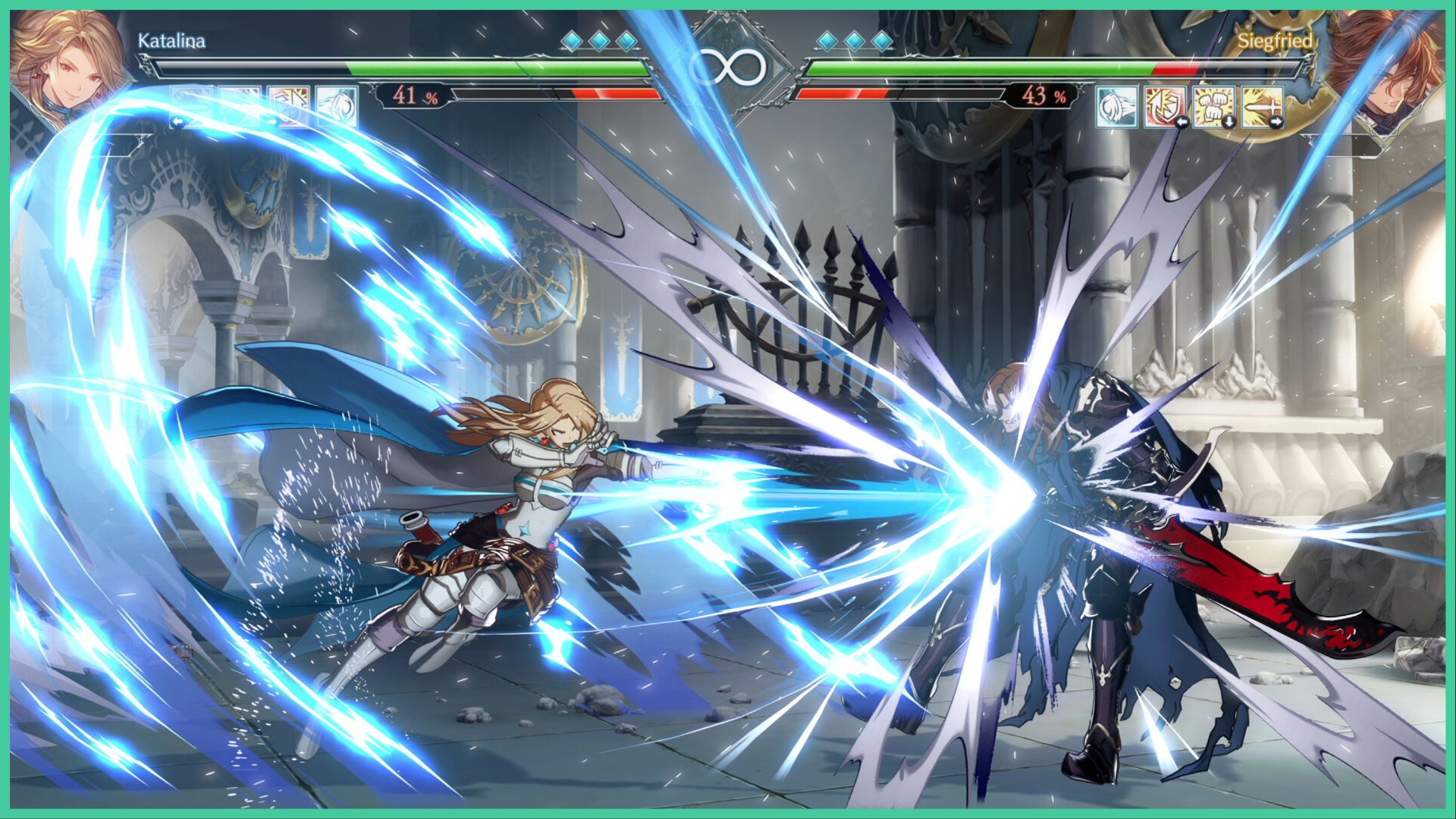 feature image for our granblue fantasy versus rising tier list, the image features a screenshot from the game of two characters engaging in battle against each other, as one charges forward with a piercing strike as their opponent grimaces, they seem to be battling inside of a grand castle