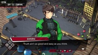 screenshot from inescapable: no rules no rescue of the character daan talking to the main character as he scowls, the text box below reads "truth ain't as good and easy as you think", the background is of the island's gym with weights and other gym equipment