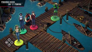 screenshot from inescapable: no rules no rescue of 4 characters that appear as plastic standees on a wooden boat dock as small boats float in the water