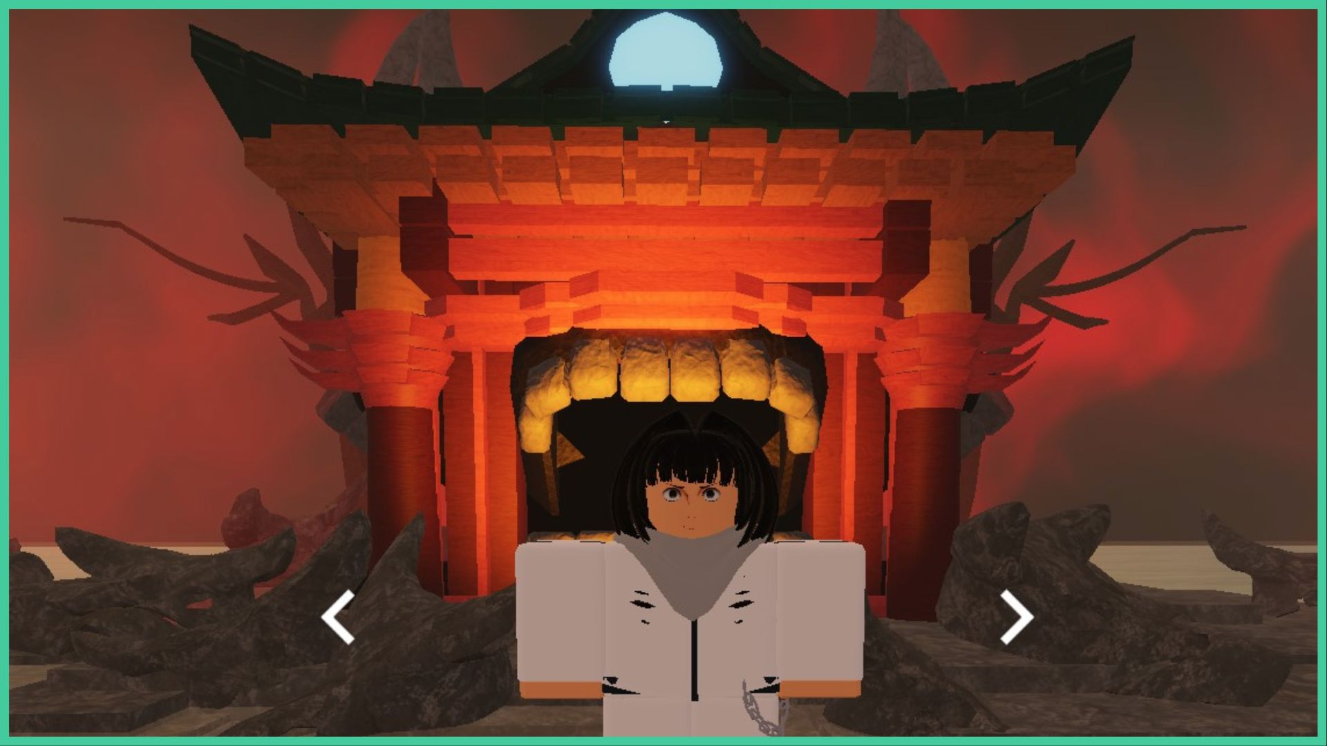 feature image for our kaizen clans guide, the image features a screenshot of the character creation screen from the game, the character is standing in front of a temple entrance that is lined with teeth