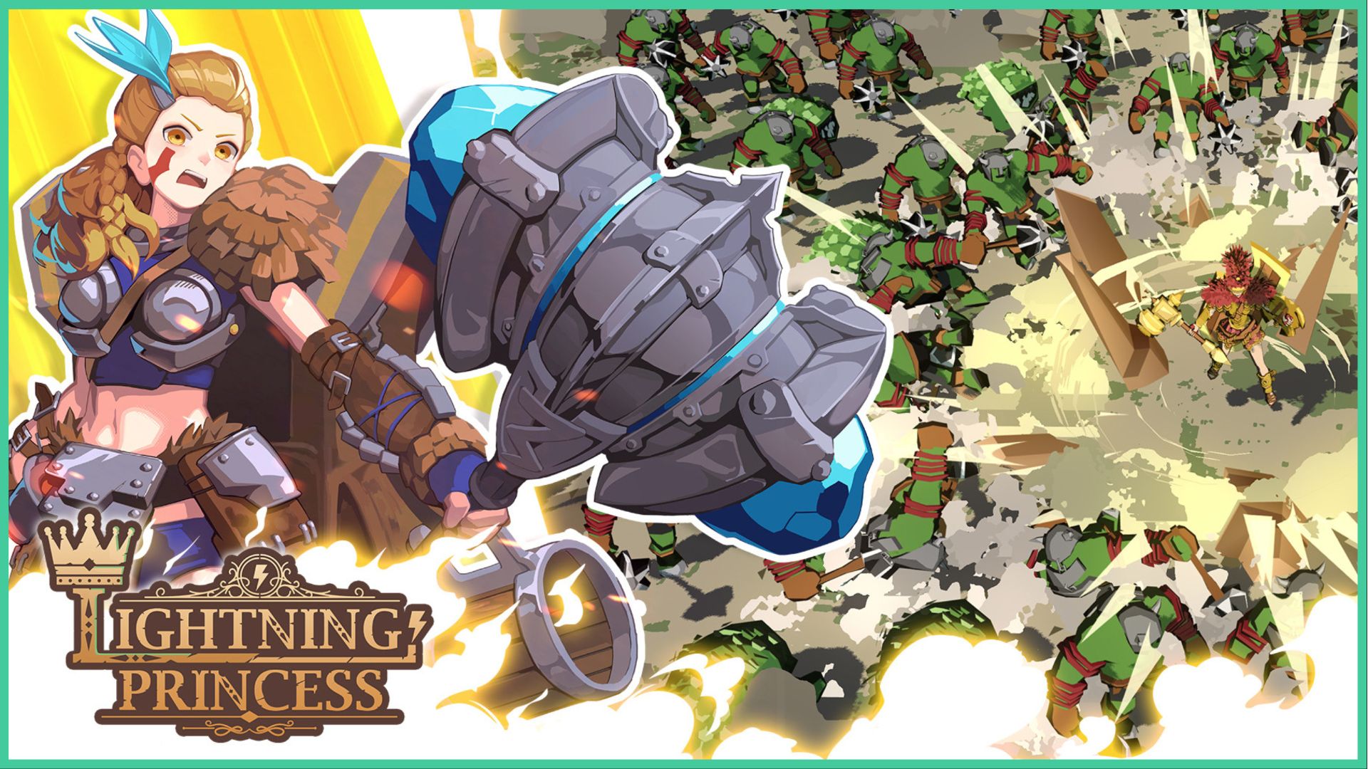 feature image for our lightning princess codes guide, the image features promo art for the game of the lightning princess as she wields a large hammer while yelling and wearing armor, there is also a screenshot from a battle of the enemies surrounding the main character as she creates a large explosion on the ground sending some enemies backwards, the game's logo is also in the left corner with a crown above the L