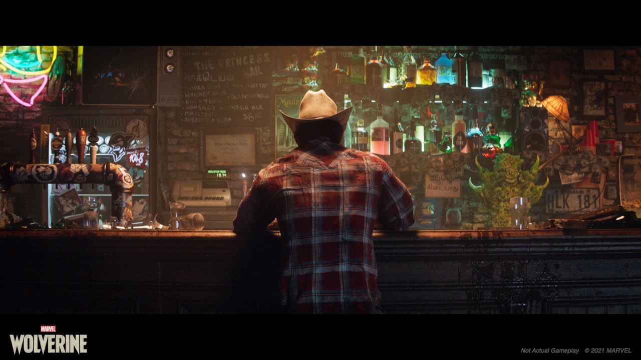 Marvel's Wolverine screenshot, showcasing Wolverine in a bar.