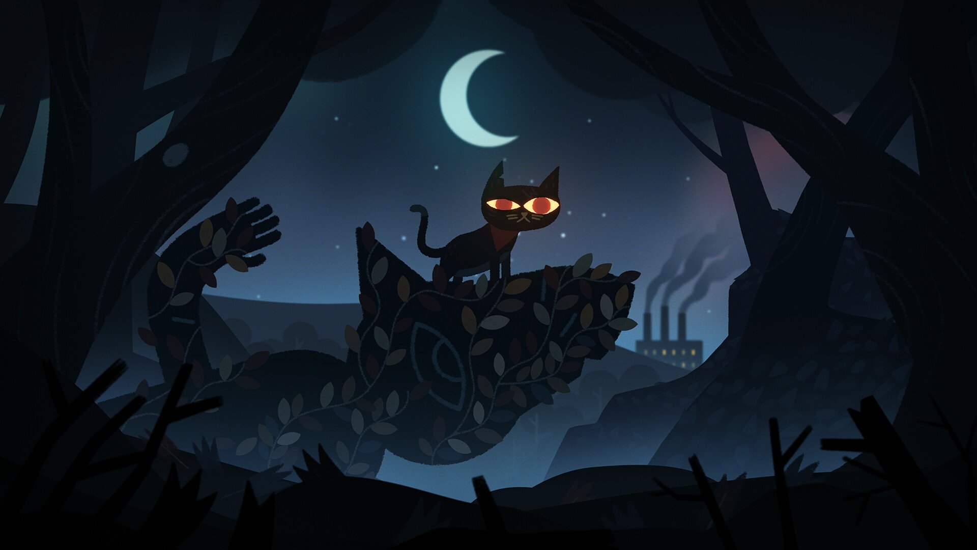 A black cat under a bright moonlight. The cat is standing on a structured covered in plants, which looks to resemble an animal, as the cat looks out at the view of a factory in the distance with smoke bellowing from the chimneys