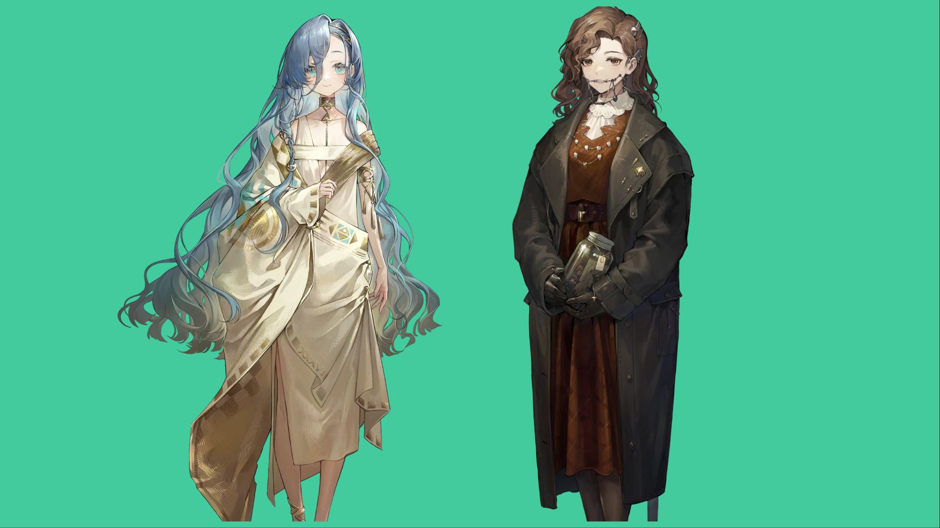 feature image for our reverse 1999 future banners guide, the image features two pieces of official art of the characters 37 and tooth fairy from the game, tooth fairy is holding a jar as she wears gloves and has a mechanical brace contraption on her lower face, 37 is smiling as her hair flowers
