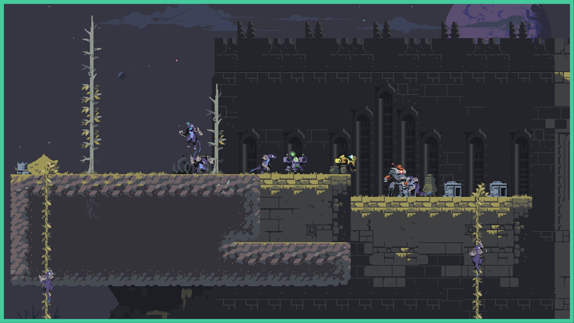 feature image for our risk of rain returns tier list, the image features a screenshot from the game, with multiple enemies standing on one of the platforms as one climbs up some ivy on the wall, there is a stone structure in the background with the moon behind it
