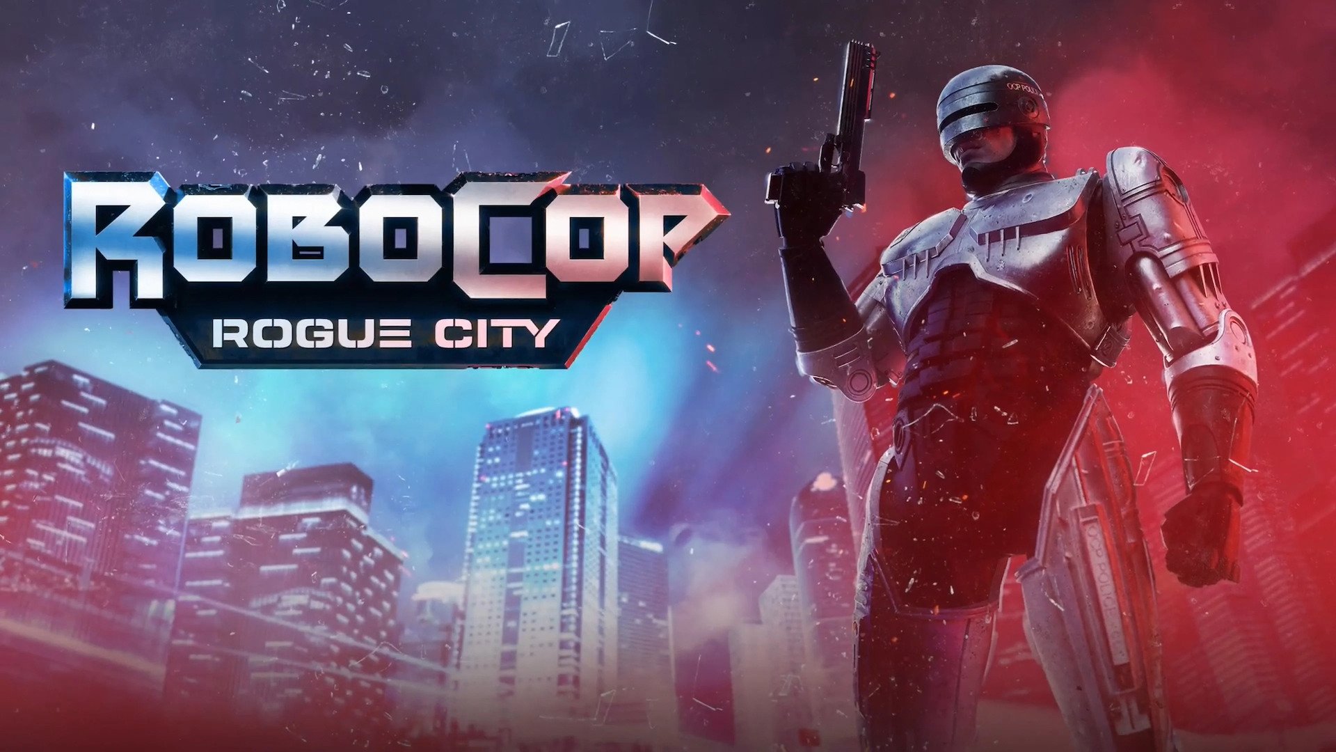A RoboCop character holding a gun and tall buildings in the background with RoboCop Rouge City as the title.