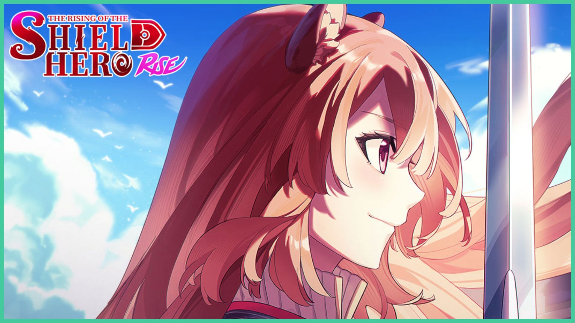 feature image for our shield hero RISE codes, the image features promo art of raphtalia from the game and the rising of the shield hero series, she is facing to the right as she has a determined smile while holding a sword, the game's logo is also to the left