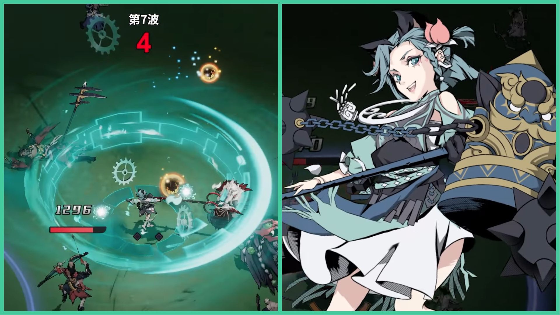 feature image for our skybreakers news, the image features two screenshot from the game's trailer, with one being of combat of the Mohist class creating a large area of attack with her hammer as she battle against the oncoming enemies, there is also a screenshot of the Mohist class character art, of a girl smiling as she holds on to her hammer that has flails on either side