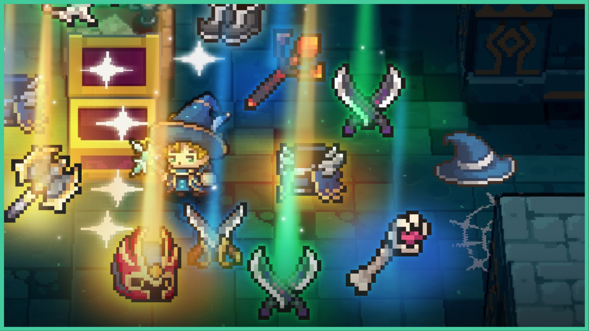feature image for our soul knight prequel codes guide, the image features a screenshot from the game of a character wearing a wizard hat and robes by an open chest as armor and weapons float around while glowing with sparkles and stars