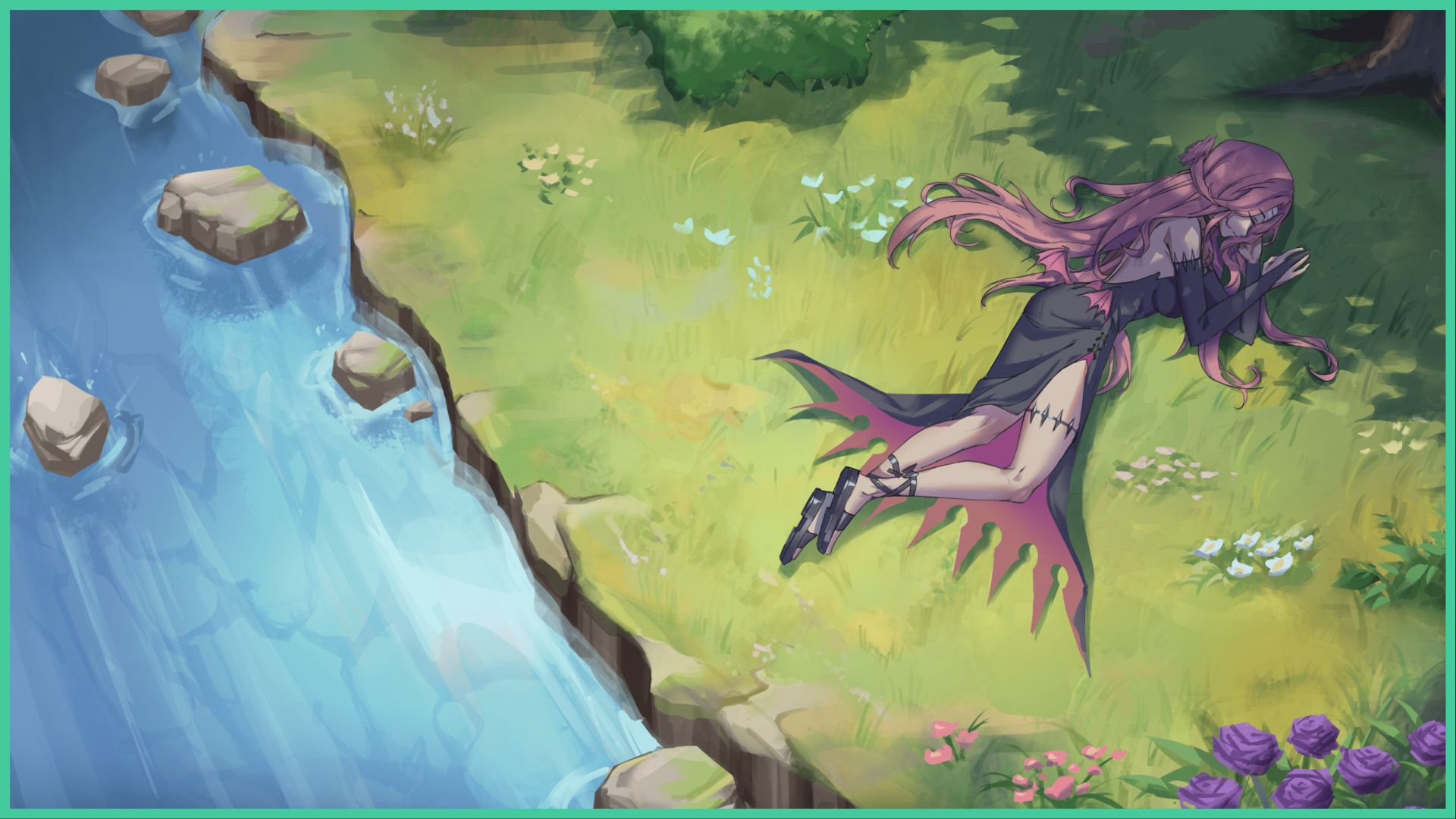 feature image for our tales of two heroes news, the image features promo art for the game of the demon character laying down on the grass in the shade below a tree, there is a stream close by as flowers are sprinkled across the grass, the character seems to be asleep