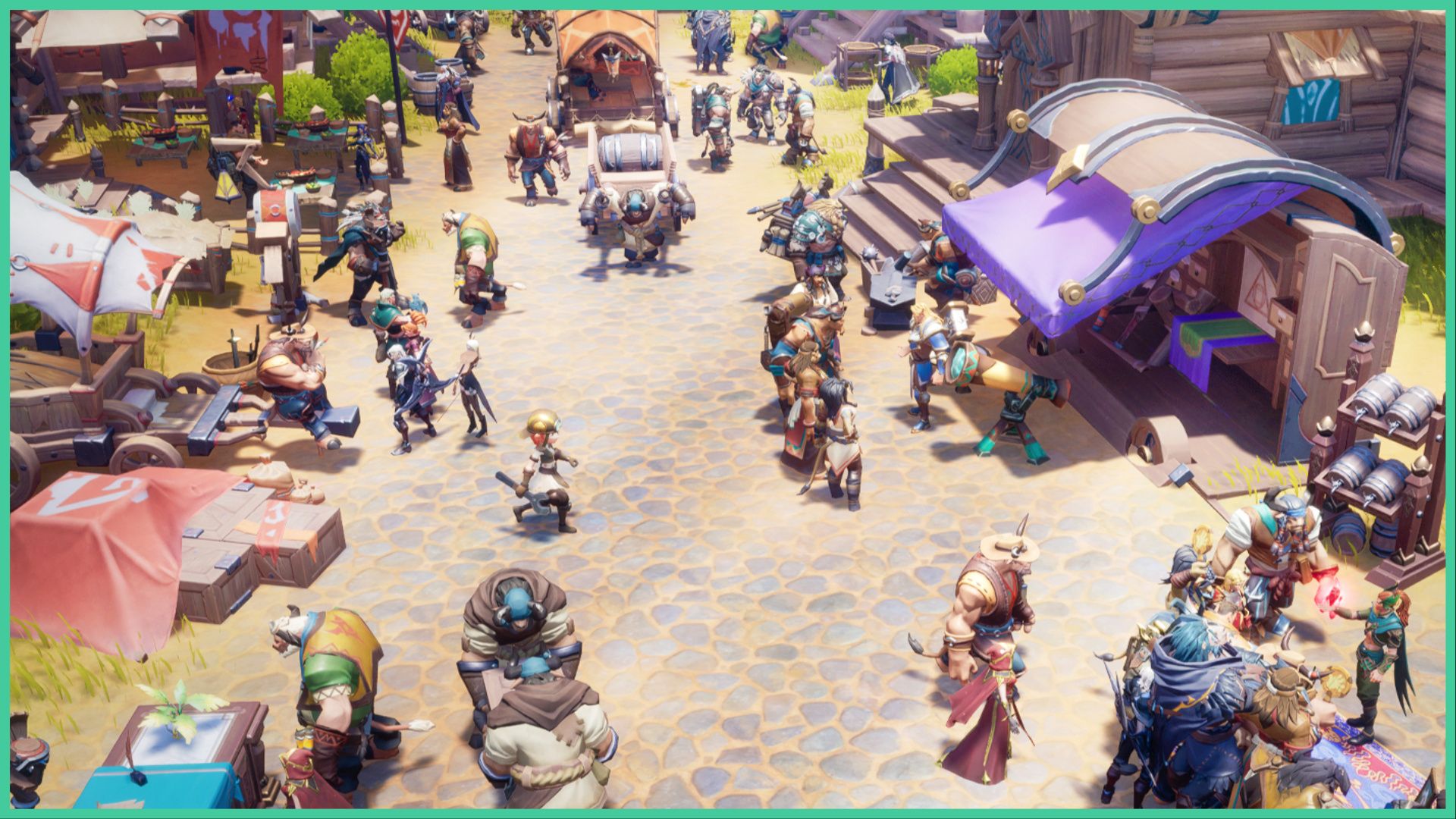 feature image for our tarisland tier list, the image features a promo photo from the game of residents going about their daily lives in the bustling town as they visit stalls and talk to each other, there are shops, people sitting around, and business owners selling products