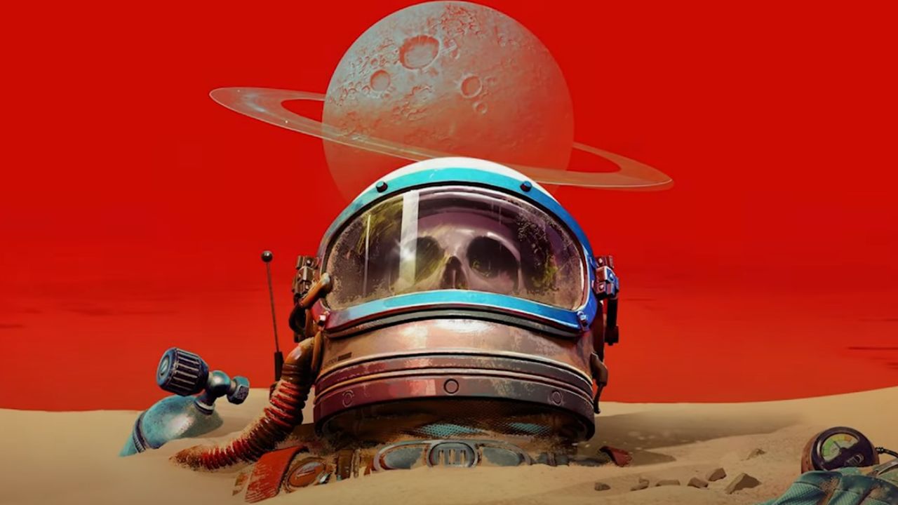 Feature image for our The Invincible news piece. It shows a promo image of a space suit with a skeleton inside, half buried by sand against a red sky.