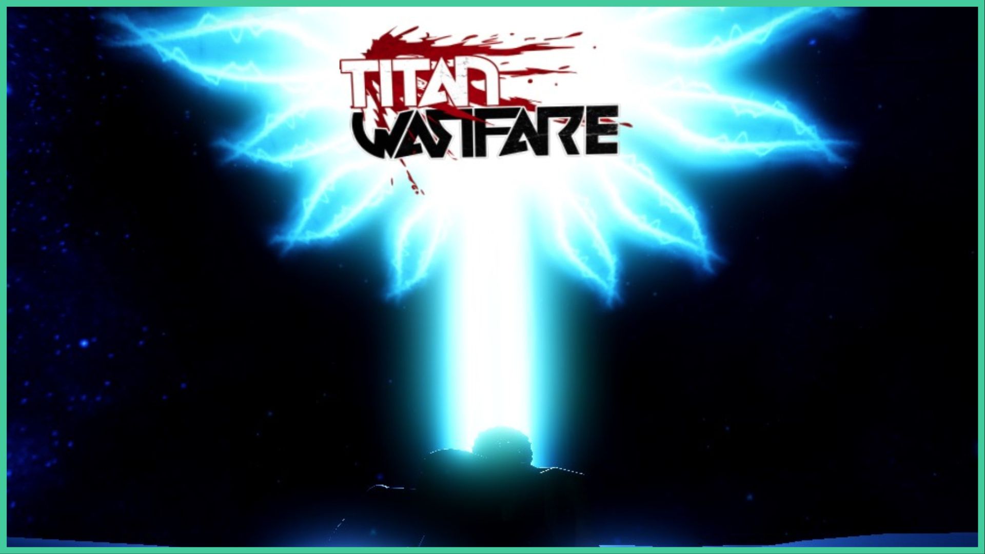 feature image for our titan warfare bloodlines tier list, the image features a screenshot of the main menu screen, as a character stands under a glowing bright beam of light that explodes in the sky as the game's logo appears on top of it with a blood splatter