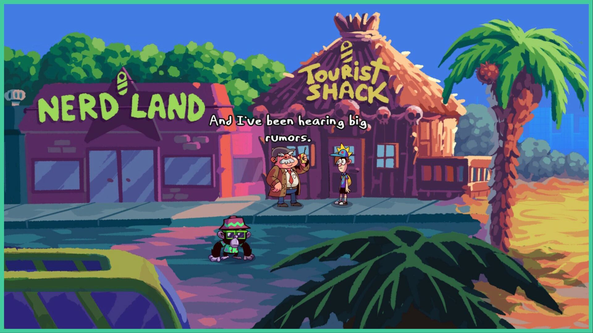 feature image for our tourist trap release news, the image features a screenshot from the game of the location outside of two shops by the coast called "nerd land" and "tourist shack". lucas, the main character, is talking to a resident who is saying "and i've been hearing big rumours" as the talking monkey stands close by wearing holiday clothes and sunglasses