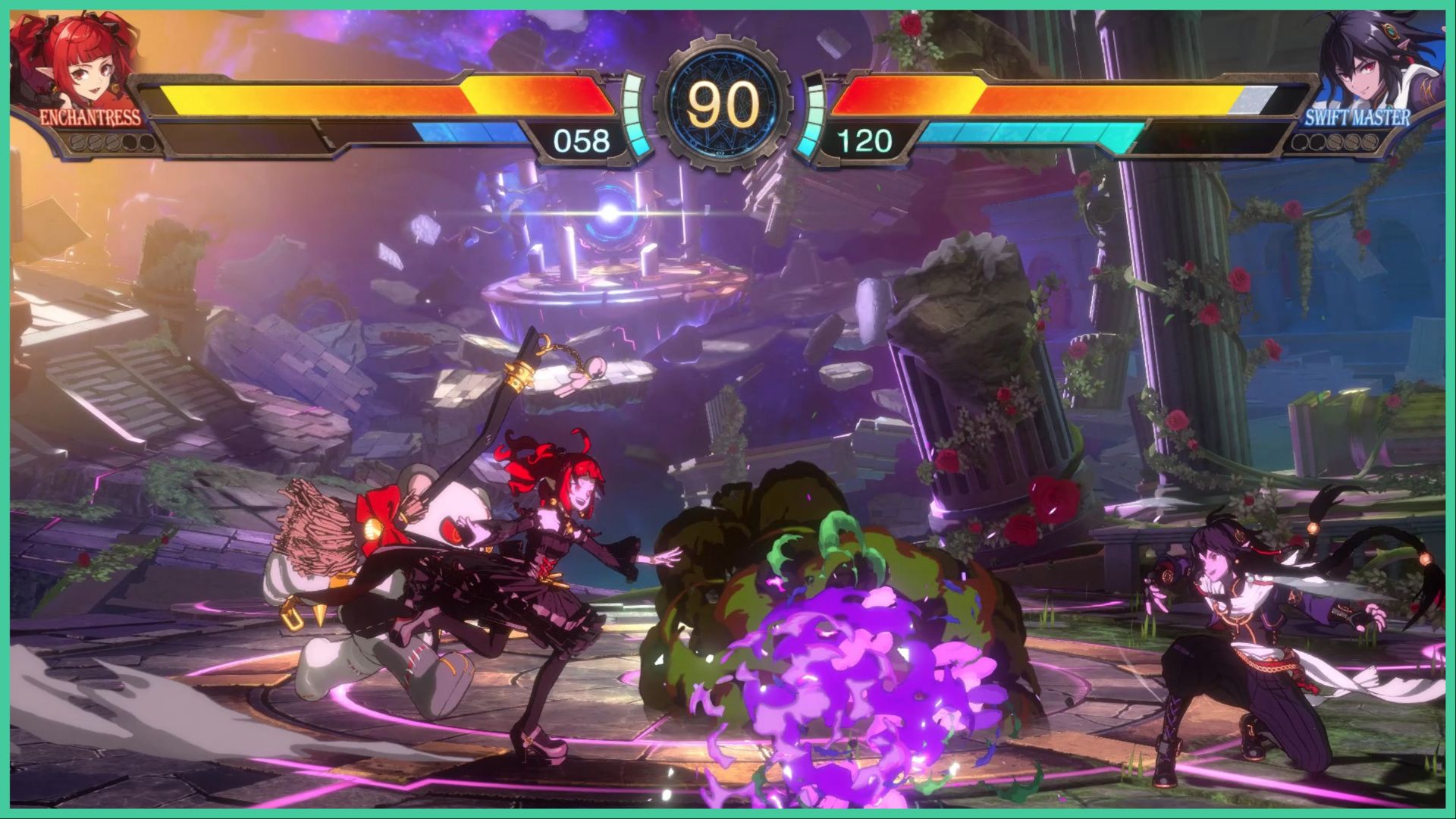 feature image for our dnf duel tier list, which is of a screenshot of a battle between enchantress and swift master as they stand on a platform surrounded by floating stone debris, enchantress's bear is also sprinting toward swift master as a large explosion appears on the ground between the two characters