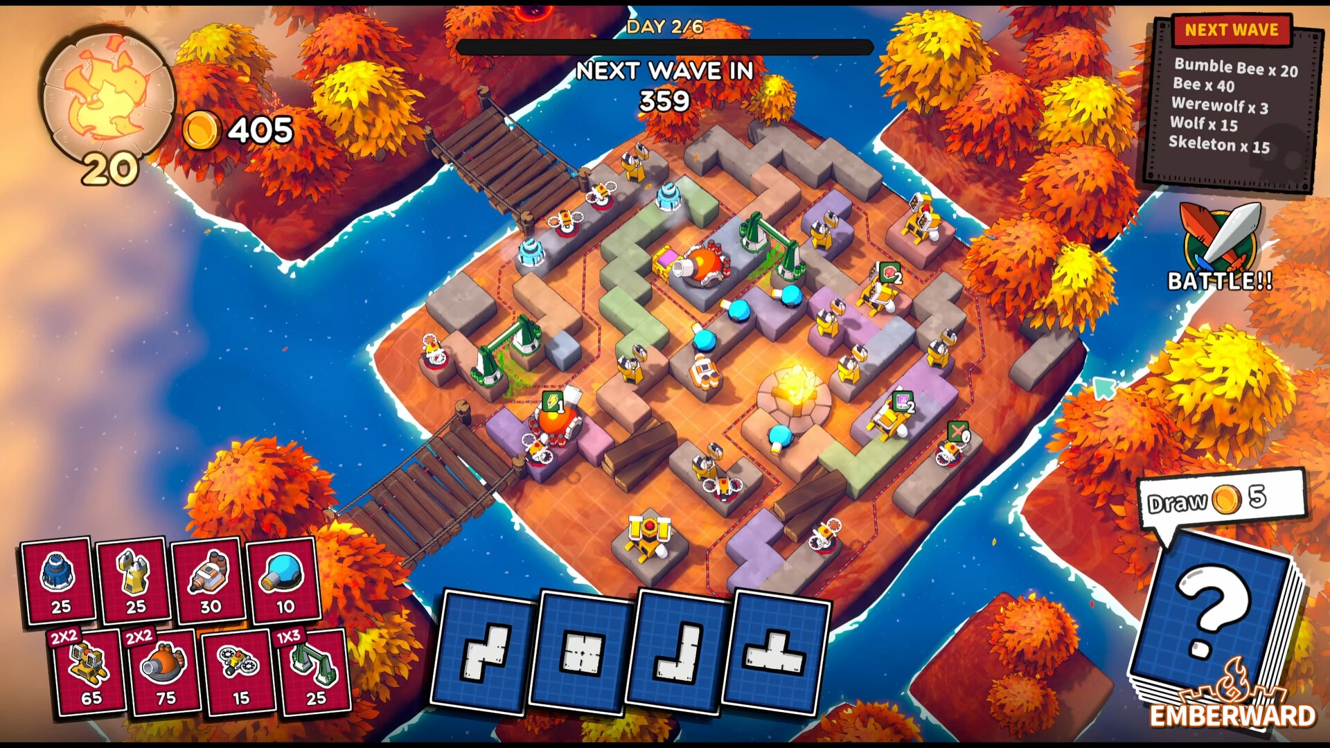 Screenshot of a game Emberward with maze buildings and towers.