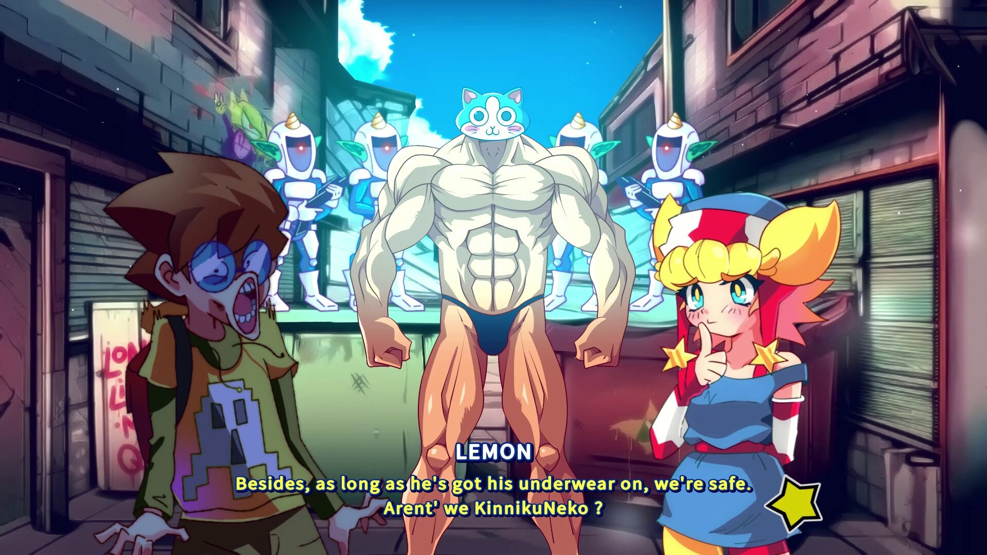 the image shows a white buff human body with a blue cutesy cat head in a toony style. The legs of the buff cat-man hybrid are a red gradient. To either side of the cat are his companions who are humans, the boy on the left is pulling a shocked face and the girl on the right has a happy grin. Behind the characters are an assortment of robotic like characters