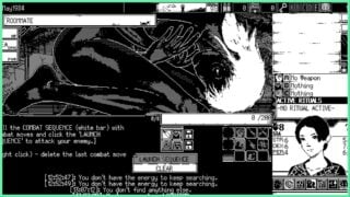 The image shows a black and white pixel illustration of a woman lay with her knees pulled to her chest. Surrounding the main part of the image is the combat box of the game and in the bottom right corner is the player avatar icon