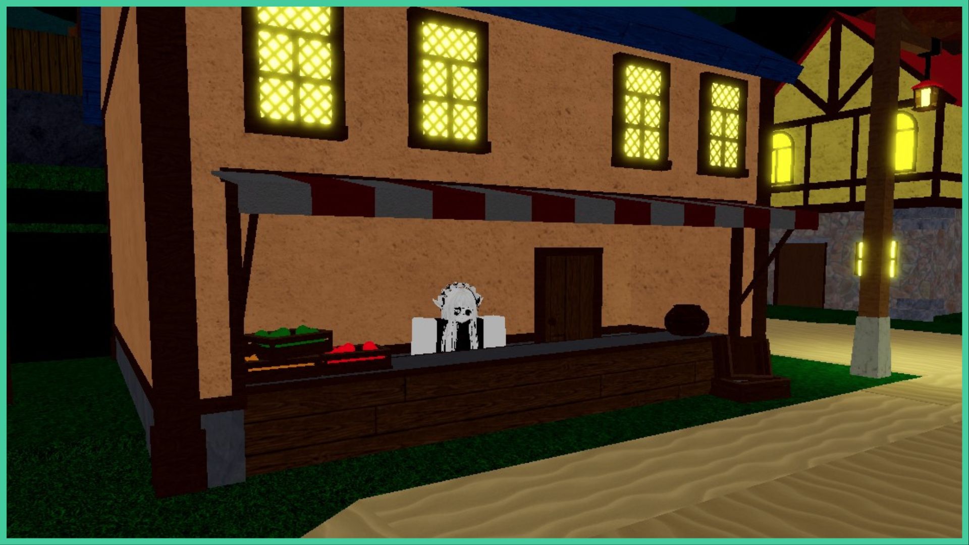 feature image for our anime spirits accessories guide, the image features a screenshot from the game of a roblox player standing behind a stall that has 3 baskets of fruit and vegetables with a striped canopy in front of a building with glowing windows