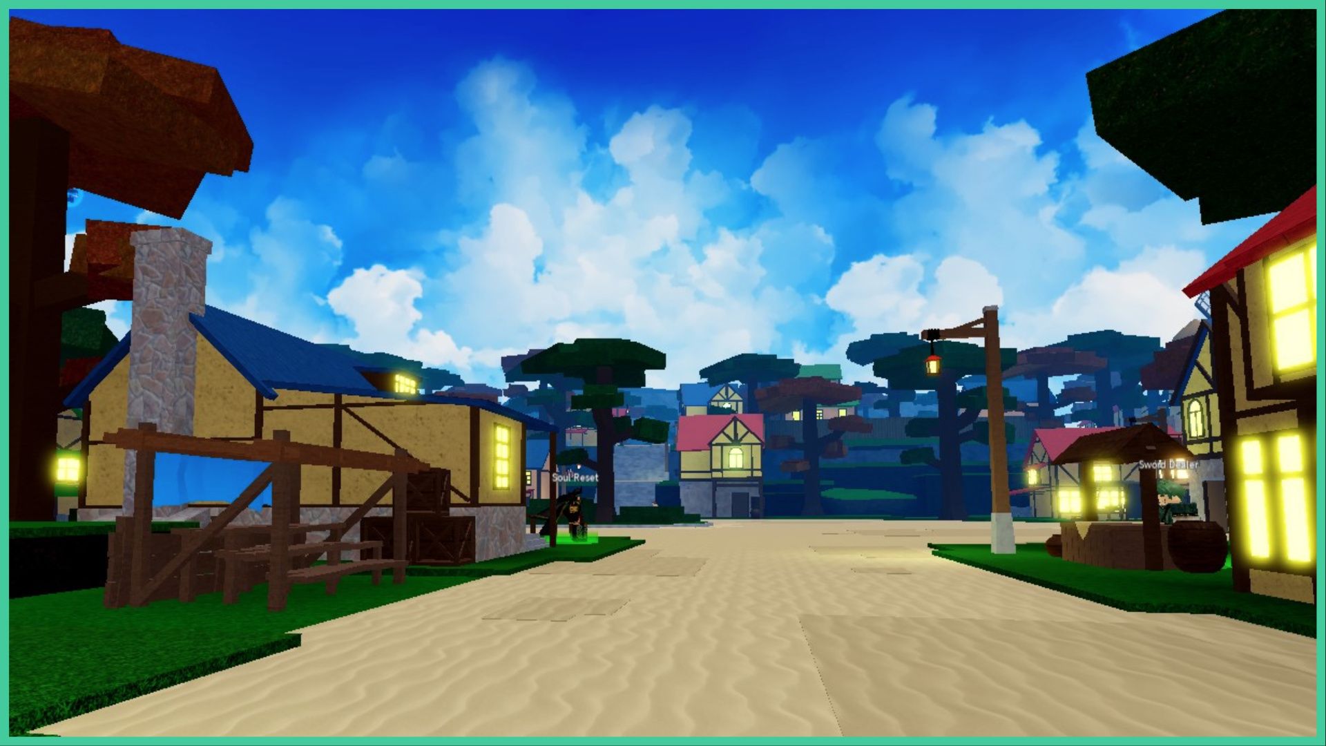 feature image for our anime spirits codes, the image features a screenshot from the game of the spawn area which is a pirate town with buildings supported by wooden beams, street lamps, tall trees, a well, and residents as they stand on grass or a sandy path