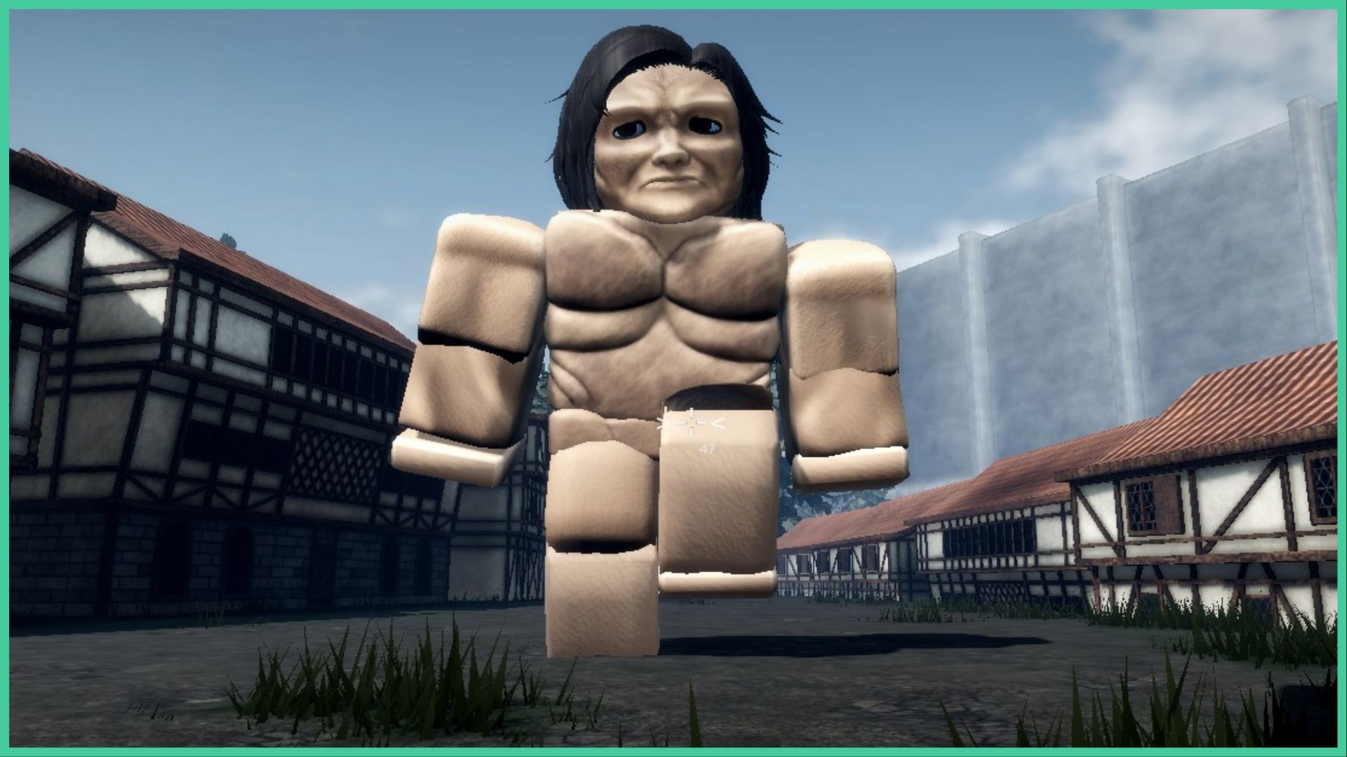 feature image for our attack on titan revolution titan shifting guide, the image features a screenshot of a titan from the game as it towers of the town walking toward the player, it is much taller than all of the buildings in the town and has somehow made its way over the wall