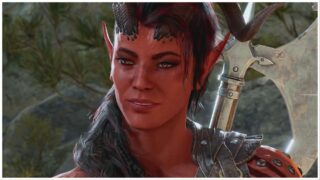 image of karlach from baldur's gate 3, it's a screenshot from the game's trailer as karlach slightly smiles while she speaks to someone, with her axe strapped to her back