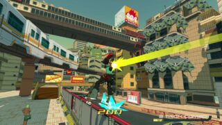 image from bomb rush cyberfunk as the players character with a robot head rides a street rail on a skateboard while surrounded by the city, with a train going across the line above