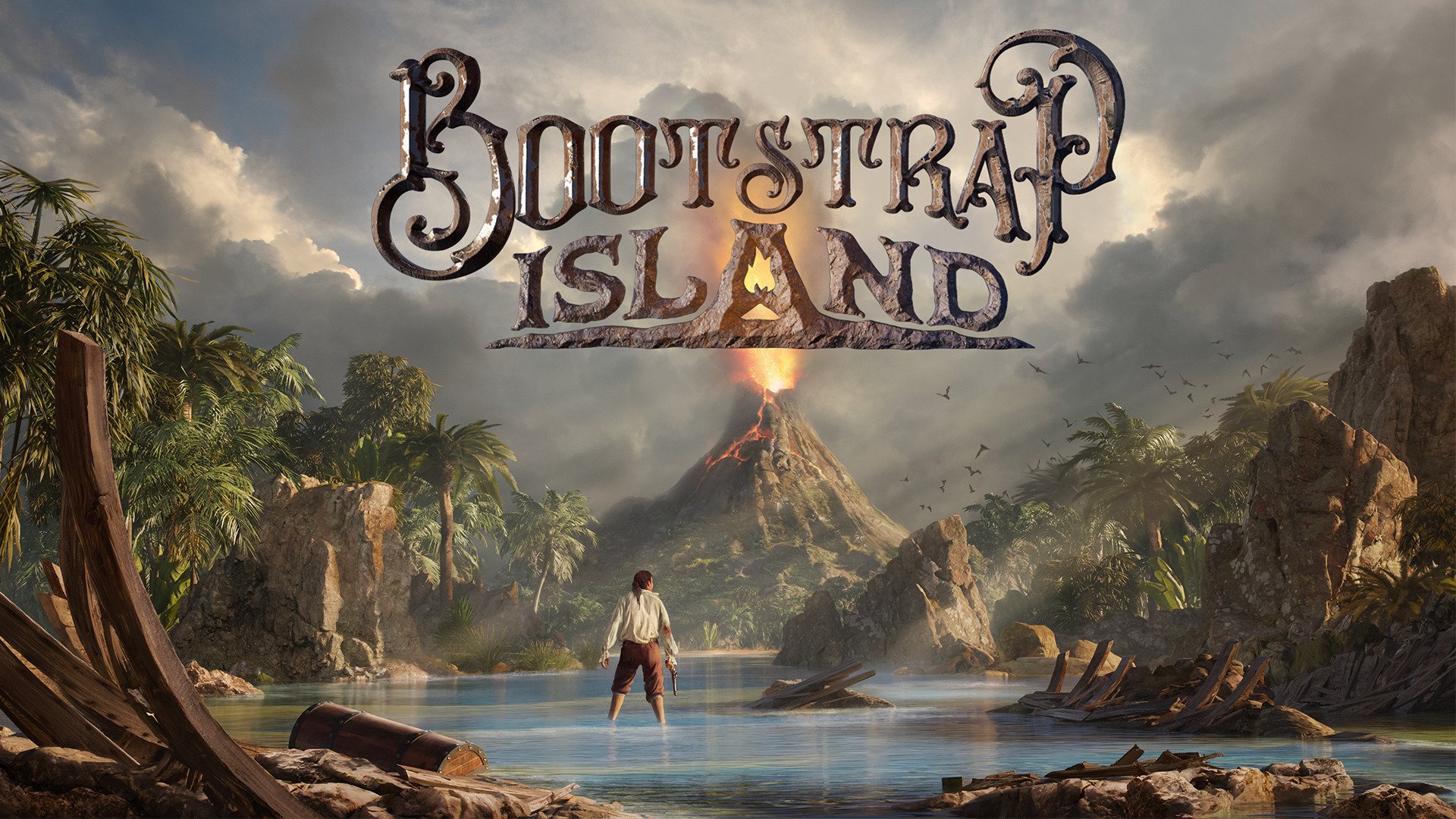 A man standing in water looking around for escape. Image is a poster of game Bootstrap Island.