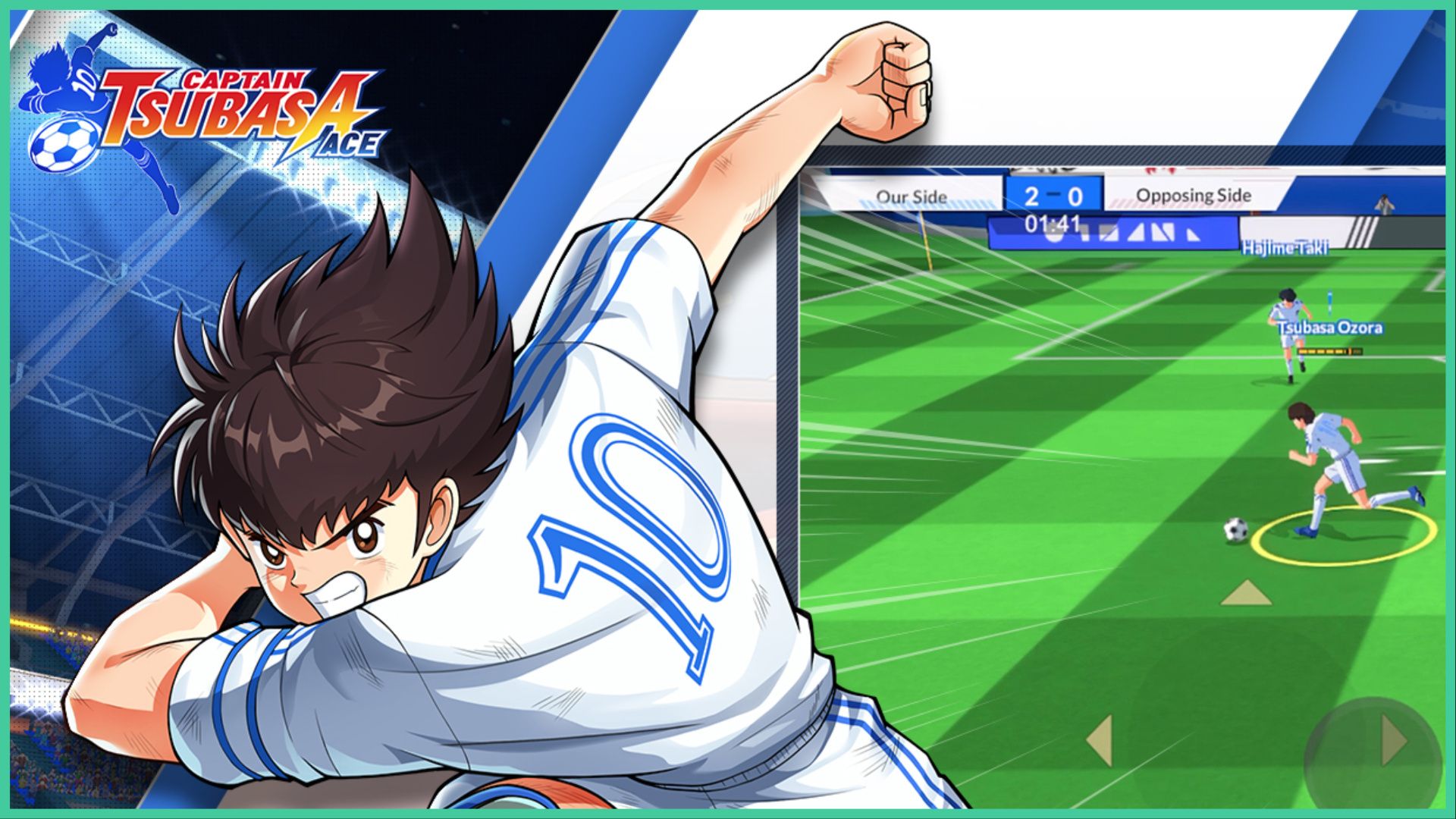 feature image for our captain tsubasa ace codes, the image features promo art for the game of tsusbasa from the franchise gearing up to strike a football, with his arm back and his teeth gritted, there is also a screenshot from the game of characters playing football on the pitch as tsubasa ozora chases the football and hajimi taki approaches him