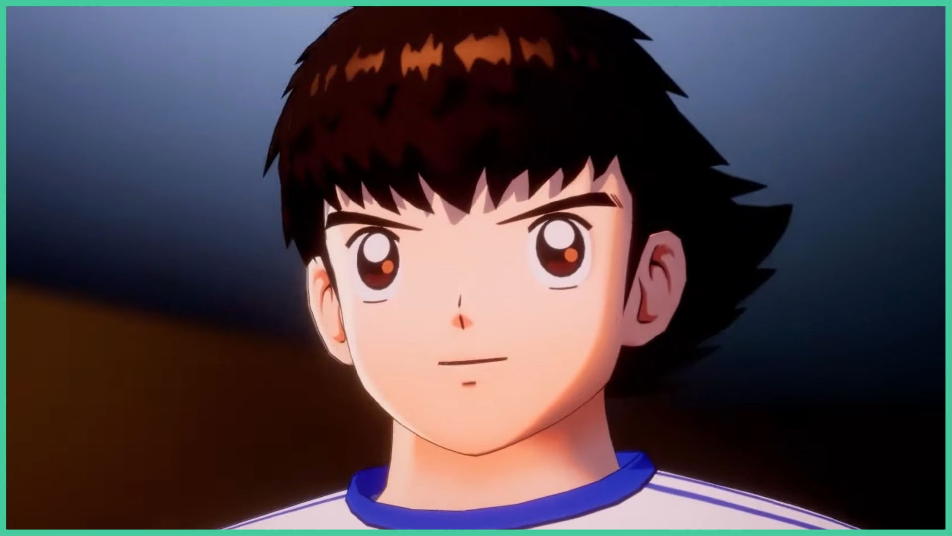 feature image for our captain tsubasa ace reroll guide, the image features a screenshot from the game's launch trailer of a 3D version of tsubasa from the series as he has a determined smile on his face as he makes his way to the football pitch