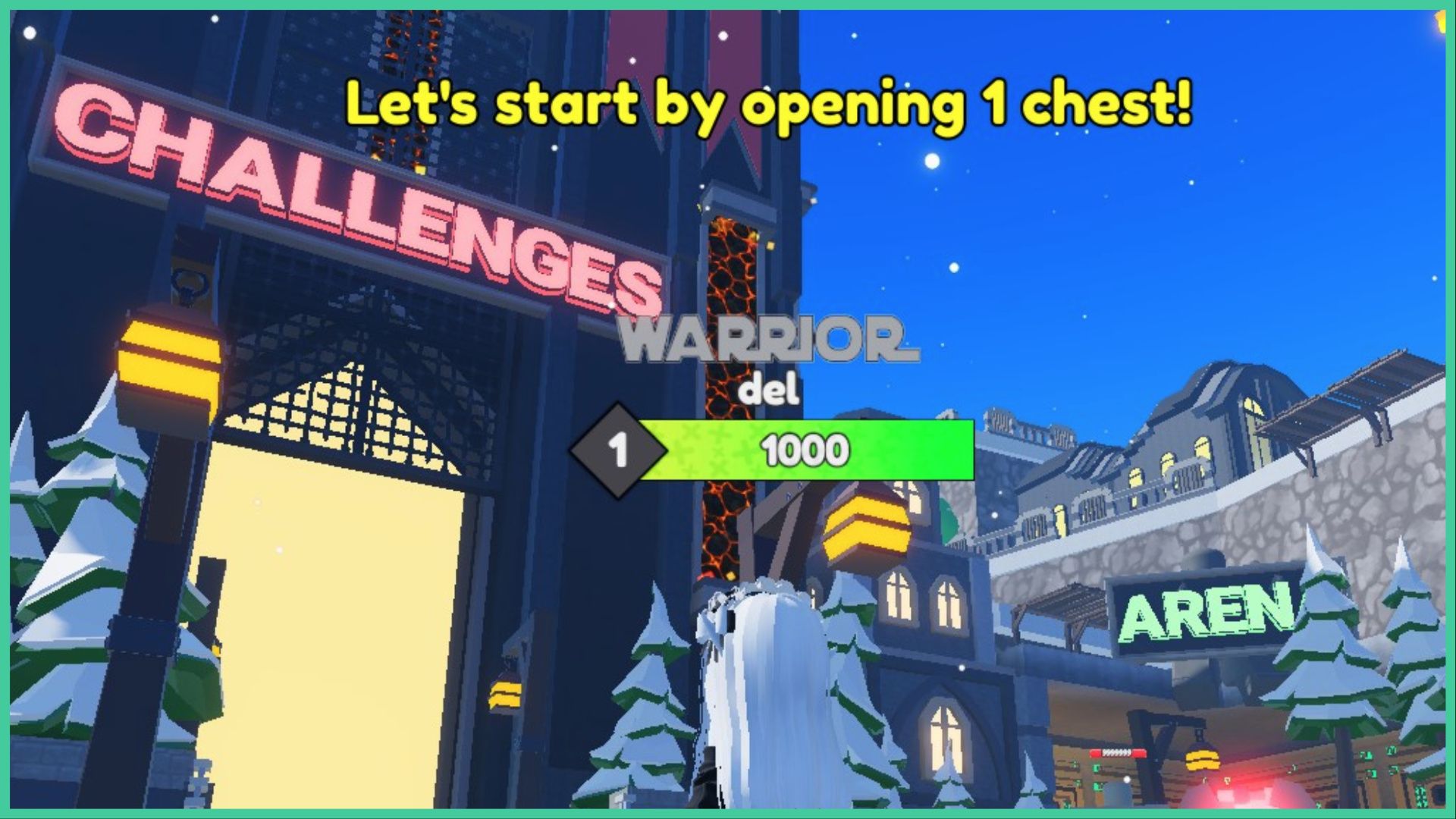 feature image for our chest hero simulator codes, the image features a screenshot from the lobby area as a roblox character looks upon a tall castle with an open gate with a large sign that reads "challenges" there is a quest prompt at the top of the screen that says "let's start by opening 1 chest", and the entire map is snowing