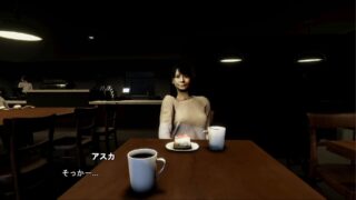 image from chilla's art parasocial as you sit across a table at a cafe with one of the female characters from the game, you have a cup of coffee in front of you, while she has a cup of coffee and a plate with a cake on it, there are customers sat in the background as a staff member stands behind the counter