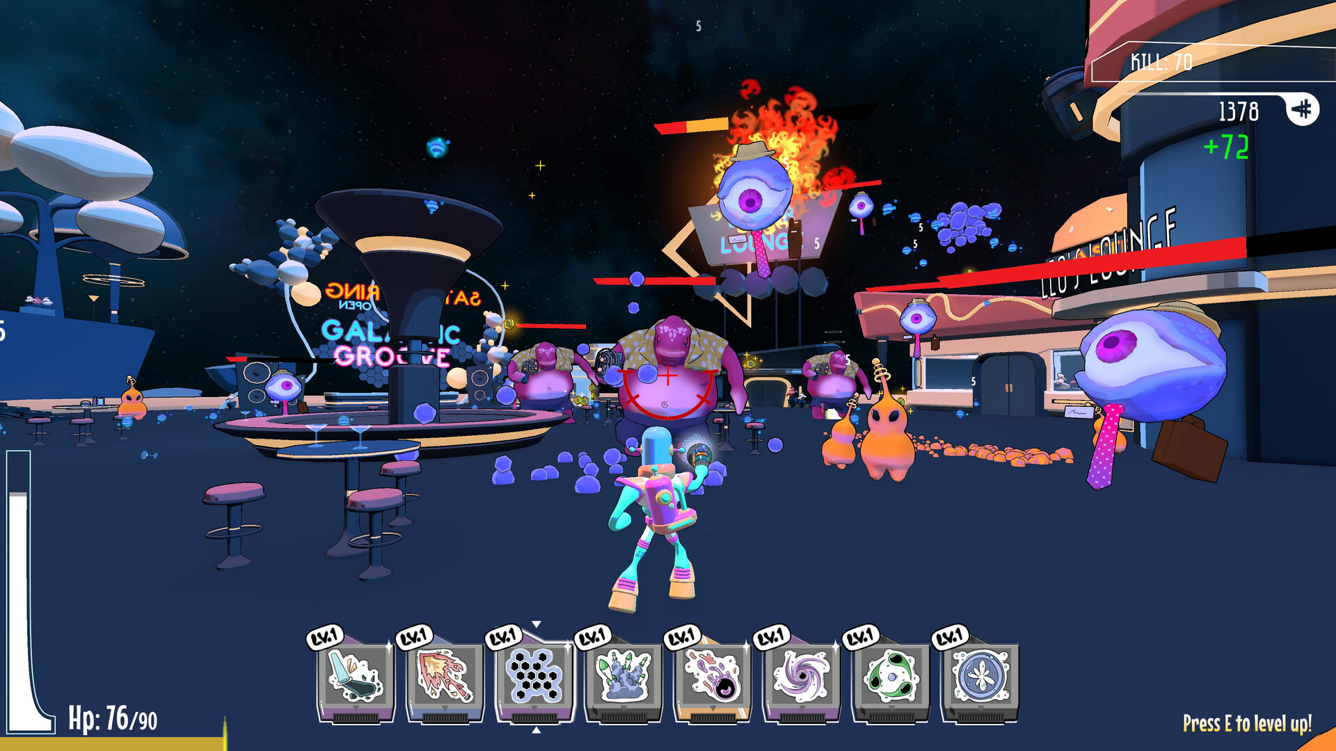 Image is from game CHUTNEY: Space Survivor. A player is fighting out alien enemies with omni-gun.