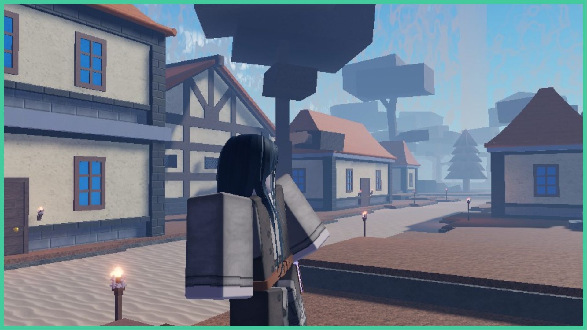 feature image for our clover retribution bosses guide, the image features a screenshot from the lobby area in the game, of a character standing on a wooden box as she lifts her shoulder slightly, surrounded by old-style buildings with stone and wooden beams, as well as tall trees that stretch out to a misty forest, there are lit lanterns across the sand path