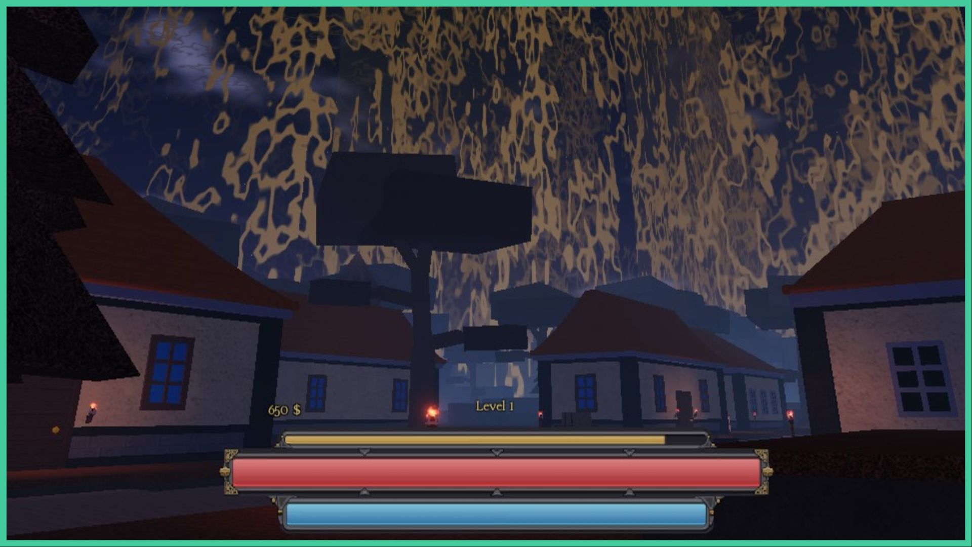 feature image for our clover retribution items guide, the image features a screenshot from the game of the main town as dusk falls, the street is lit up by torches and surrounded by trees as a strange aura floats in the sky