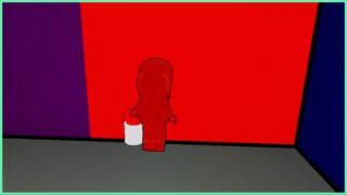 The image shows my character shroud in red against a red wall to survive the entity in chapter 1! She is holding a paint bucket in her hand