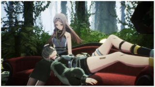 image of two characters from crymachina, as one sits on a sofa, as the other rests her head on the other character's lap and rests her legs on the arm of the sofa, they are surrounded by plants in the background
