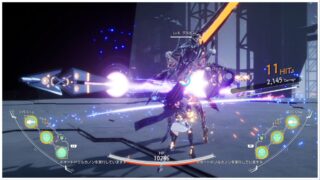 image of combat from crymachina as a character engages in a boss battle as her turrets fire toward the enemy, they are surrounded by metal structures as the player dashes forward to strike the boss