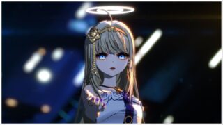 image of enoa from crymachina as she talks and holds her hand out toward the viewer, the background behind her is blurry as the image focuses on her, she has a glowing halo above her head as she wears a golden headband with a rose on it that has a chain dangling from the flower