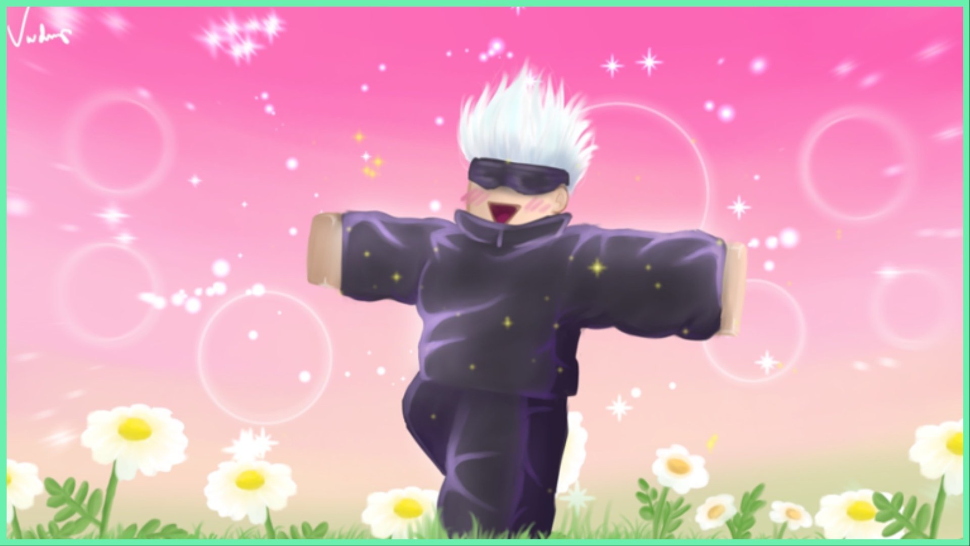 the image shows gojo in a hand-drawn roblox style doing his iconic run with both arms out to each side and a big smile on his face. The background is a gradient of pinks and sparkles with white flowers in grass around his feet