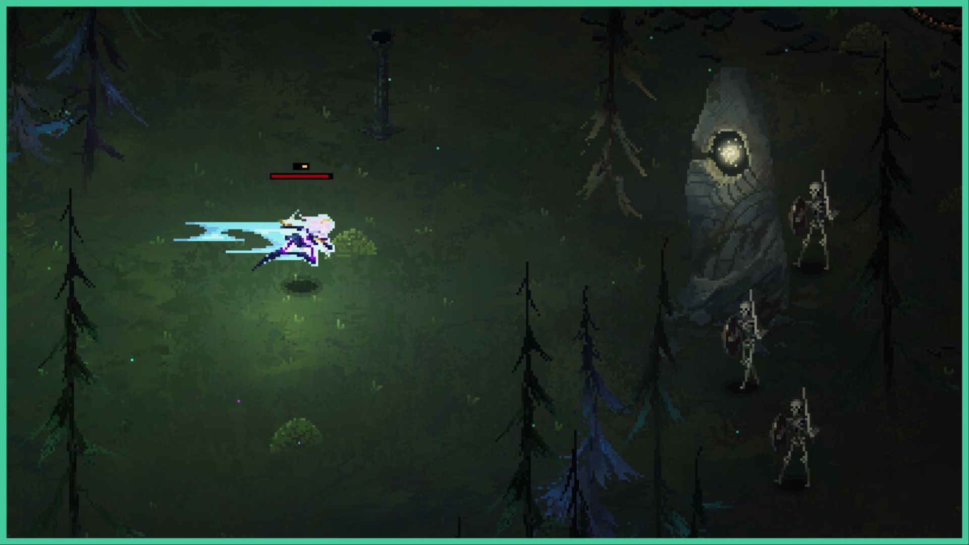 feature image for our death must die tier list, the image features a screenshot from the game of a character dashing forward in the forest as skeletons with swords and shields approach from the trees