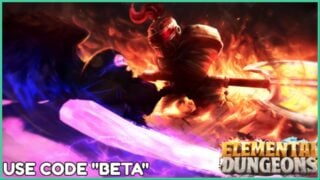 promo image for elemental dungeons of a knight attacking a shadows roblox character as they are surrounded by flames and a purple aura, the games logo is in the bottom right as well as text on the left that reads "use code beta"