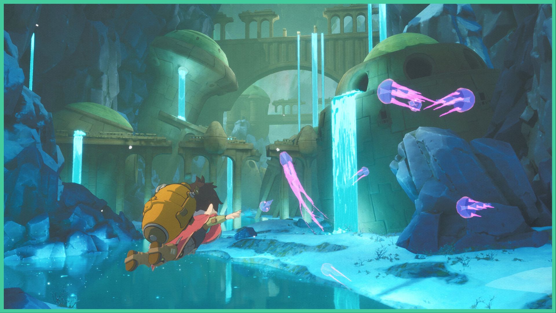 feature image for our europa news, the image features a screenshot from the game of the main character zee swimming underwater as jellyfish float nearby, there are ancient ruins in the distance with water pouring down surrounded by rock structures and a sparkling lake below zee