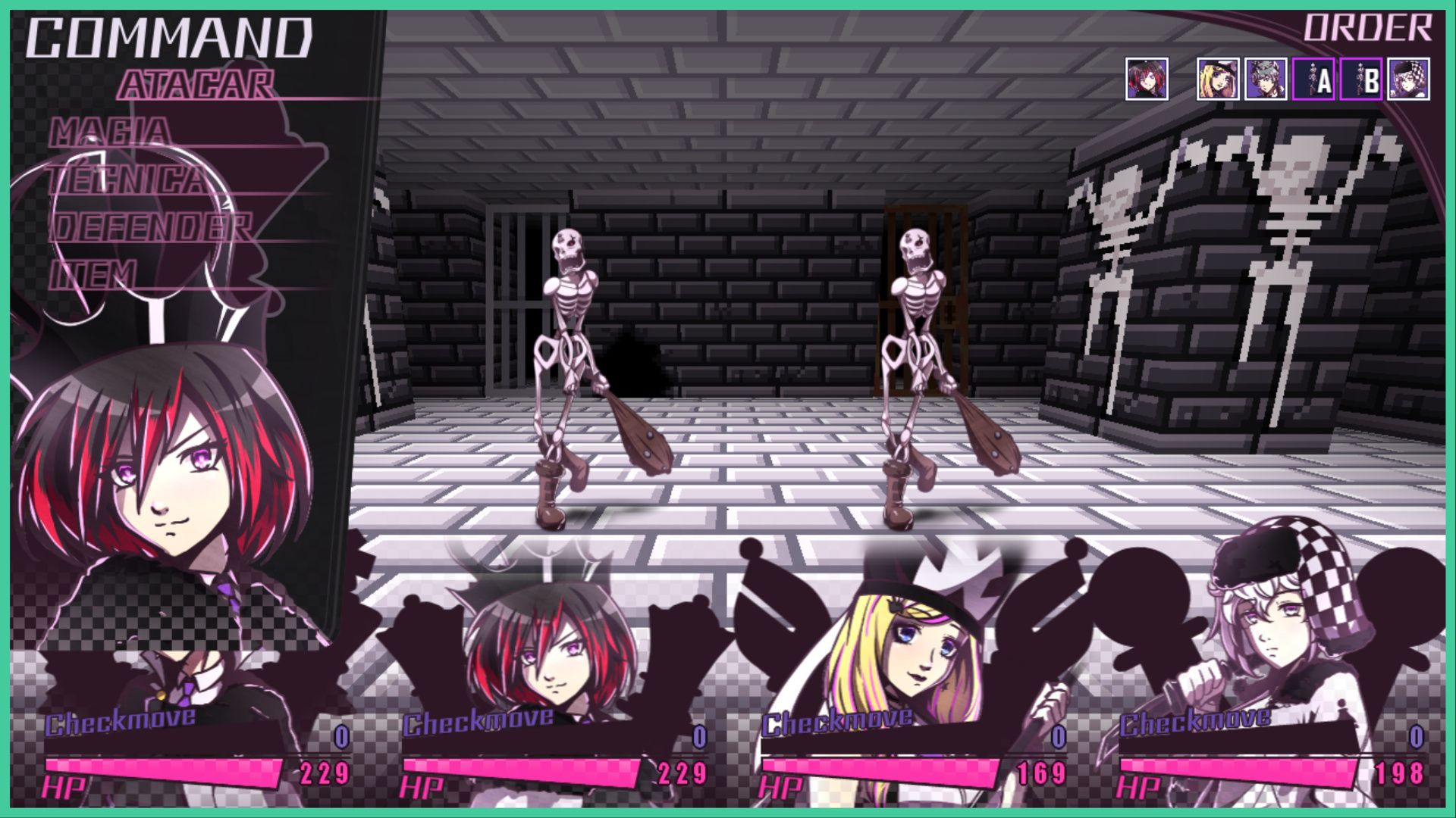 feature image for our exodus checkmate news, the image features a screenshot of combat from the game, with three character portraits from the party at the bottom with their HP levels, there is a small pop up at the side called "command" which features the turn-based moves, as the rest of the image is of the stone dungeon as two skeletons stand with clubs