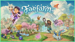 cover image for our faefarm section on our GOTY feature. It shows a whole cast of characters in a colourful sunny setting with fauna and magic. The game title is in the top centre of the illustration