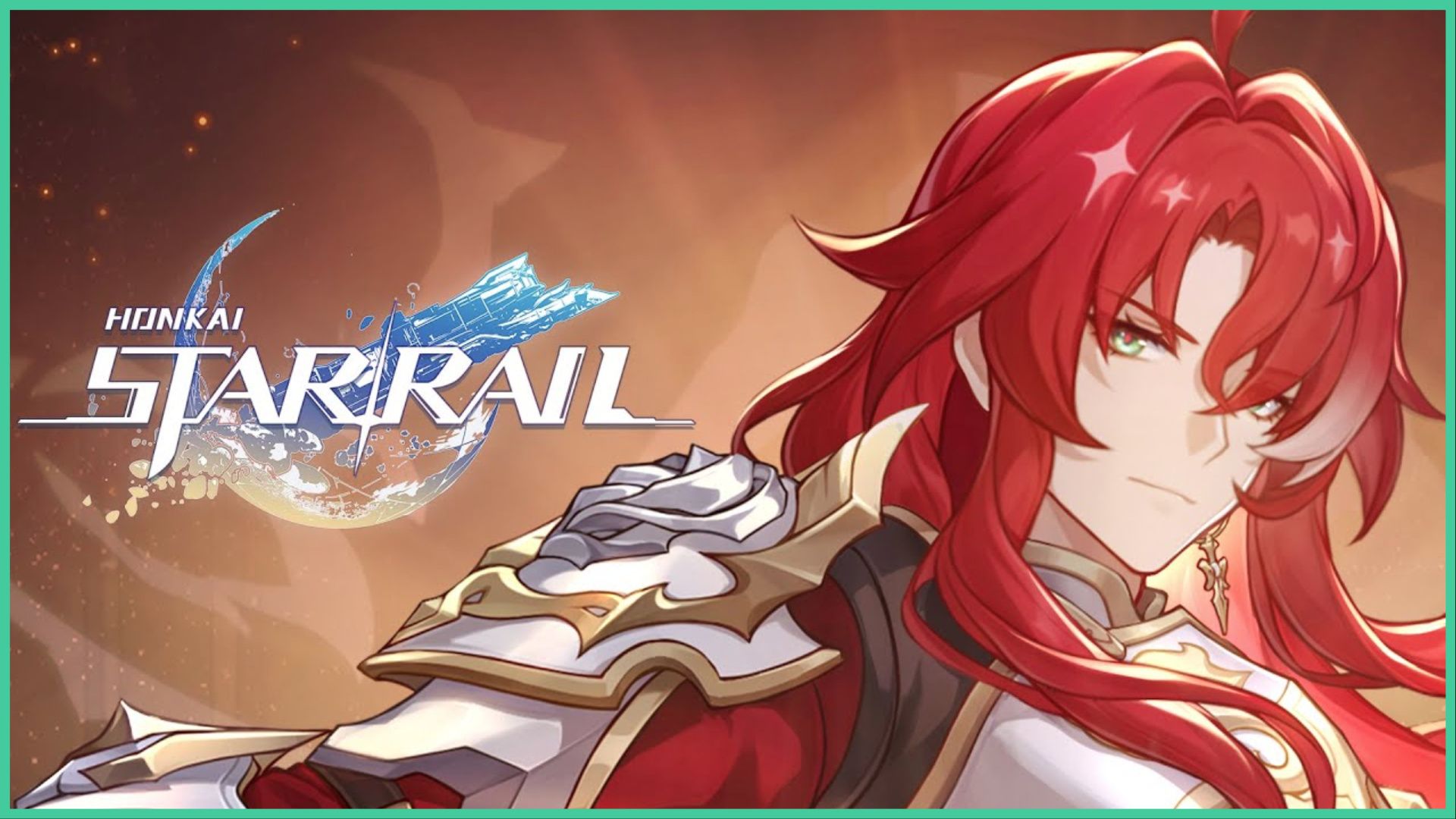 feature image for our honkai star rail argenti tier list, the image features art of argenti as he looks at the viewer and smiles slightly while wearing armor and one earring, the game's logo is to the left side