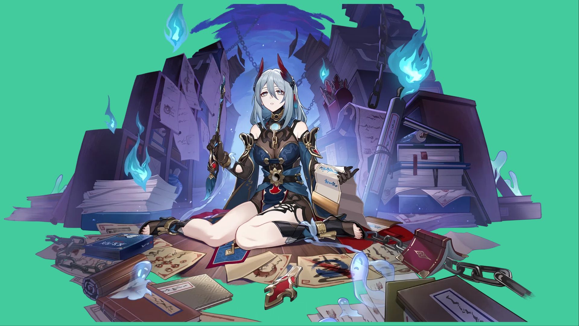 feature image for our honkai star rail hanya tier list, the image features hanya's in-game splash art as she sits on a wooden floor surrounded by paper with ink writing on them as she holds on to a long scroll in one hand and a paint brush in the other, she is also surrounded by shelves and tall stacks of paper in the background as blue flames and ghosts float