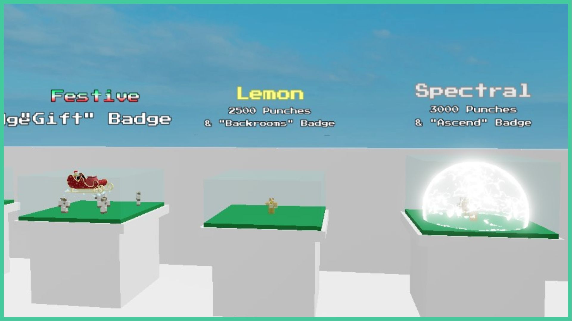 feature image for our how to get lemon mastery in ability wars guide, the image features a screenshot from the shop area of the game of the table that sells the lemon ability, with a very small yellow roblox character standing on the green patch in the clear box on the table, above the box reads "lemon, 2500 punches and backrooms badge" to show the player the requirements to purchase the ability