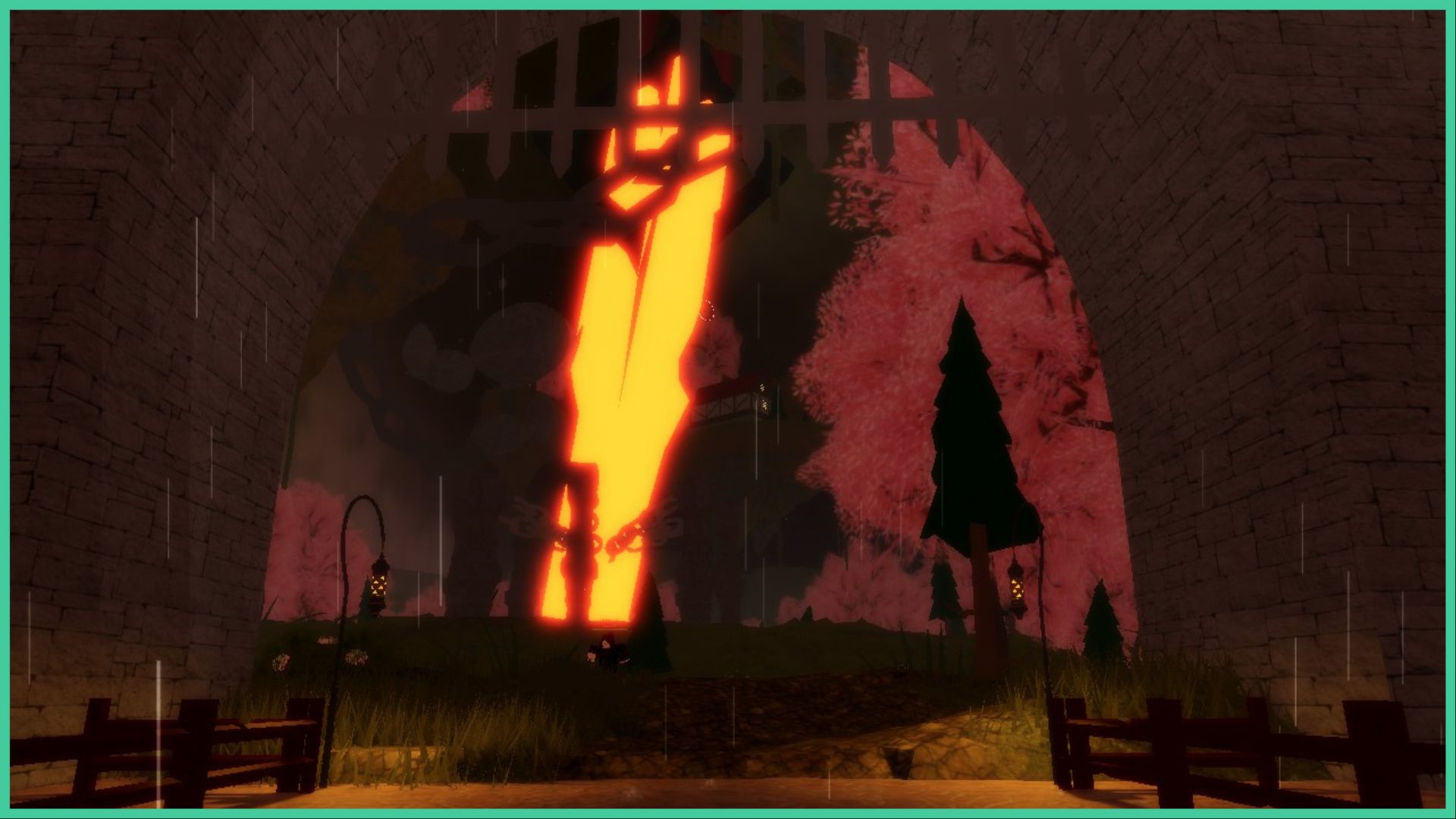 feature image for our legends rewritten best blessing guide, the image features a screenshot of the rainy forest at the start of the game, as a giant flame rod stands in the ground, as trees and grass surround it, with large sakura trees around the forest, there are bandits wandering around, as the player stands in a stone tunnel, lined with wooden fences, with two streetlamps on either side to light up the path