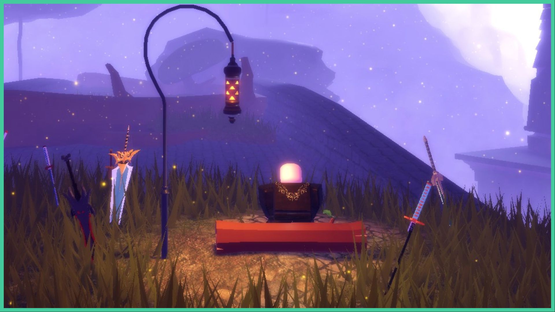 feature image for our legends rewritten blessings guide, the image features a screenshot of a roblox character sitting on a wooden log bench surrounded by grass, as they look out over the snowy surroundings that are covered in mist, they have a lamp next to them to light up the space, as well as multiple swords that are stabbed into the ground